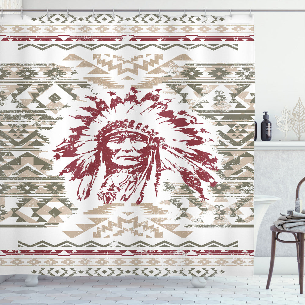 Vintage Portrait Grunge Design Sage Green, Ruby, and Tan Art Shower Curtain