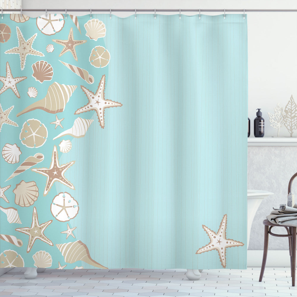 Beach Party Shower Curtain: Shell, Seafoam, Warm Taupe, Grey Yellow, White Thin Lines