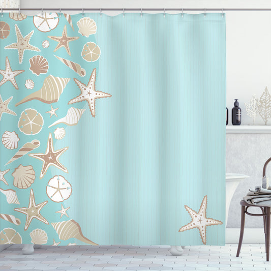 Beach Party Shower Curtain: Shell, Seafoam, Warm Taupe, Grey Yellow, White Thin Lines