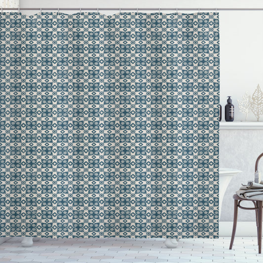 Vintage Dark Teal and Eggshell Star Flower Motif Shower Curtain