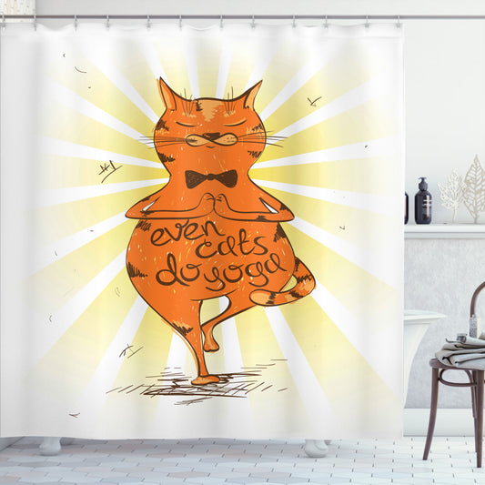 Tranquil Cat Yoga Design Shower Curtain in Orange, Yellow, and Brown Color Palette