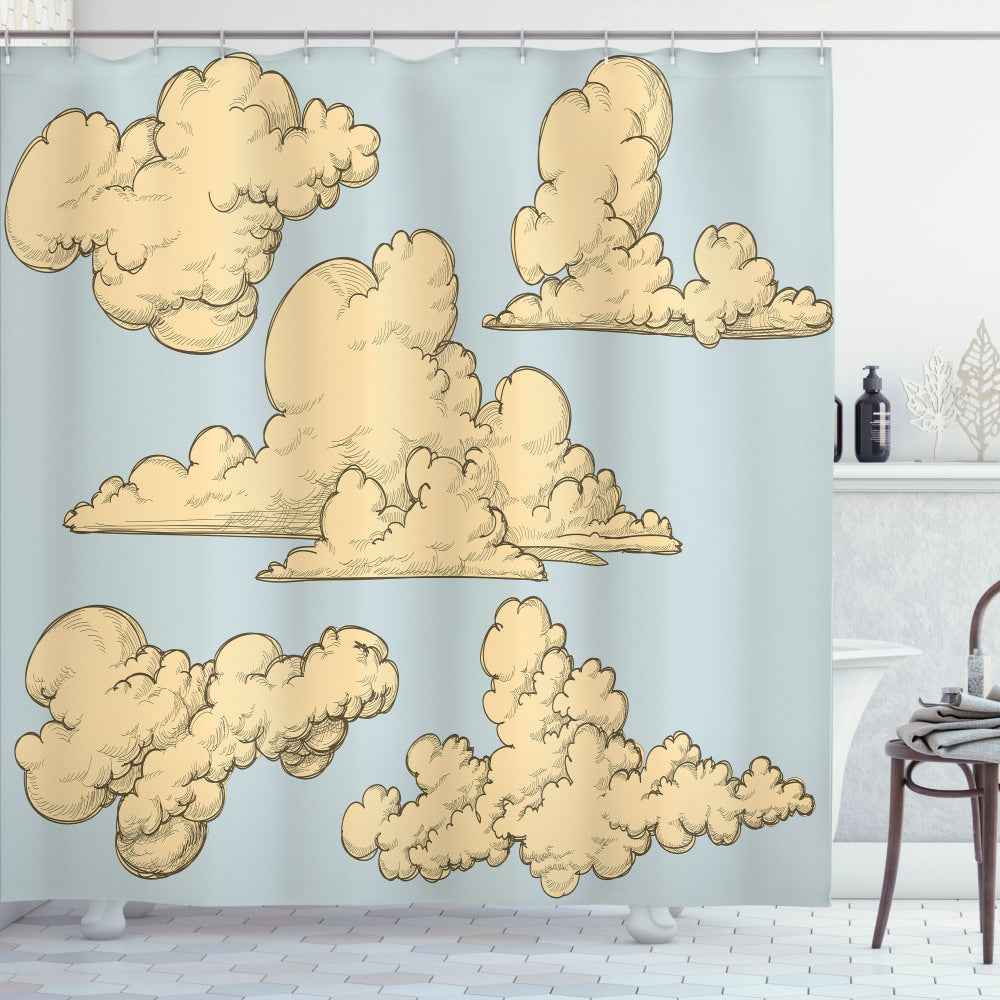 Vintage Beige and Blue Cartoon Fluffy Clouds Art Shower Curtain