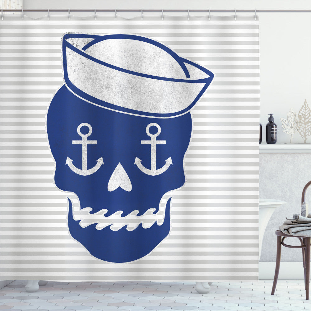 Anchor and Captains Hat: Skull, Persian Blue, Grey, and White Nautical Shower Curtain