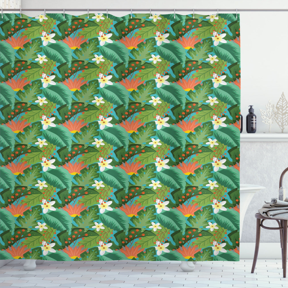 Tropical Paradise: Exotic Plantation Bath Curtain in Dark Seafoam, Burnt Sienna, Olive Green, and Pastel Yellow