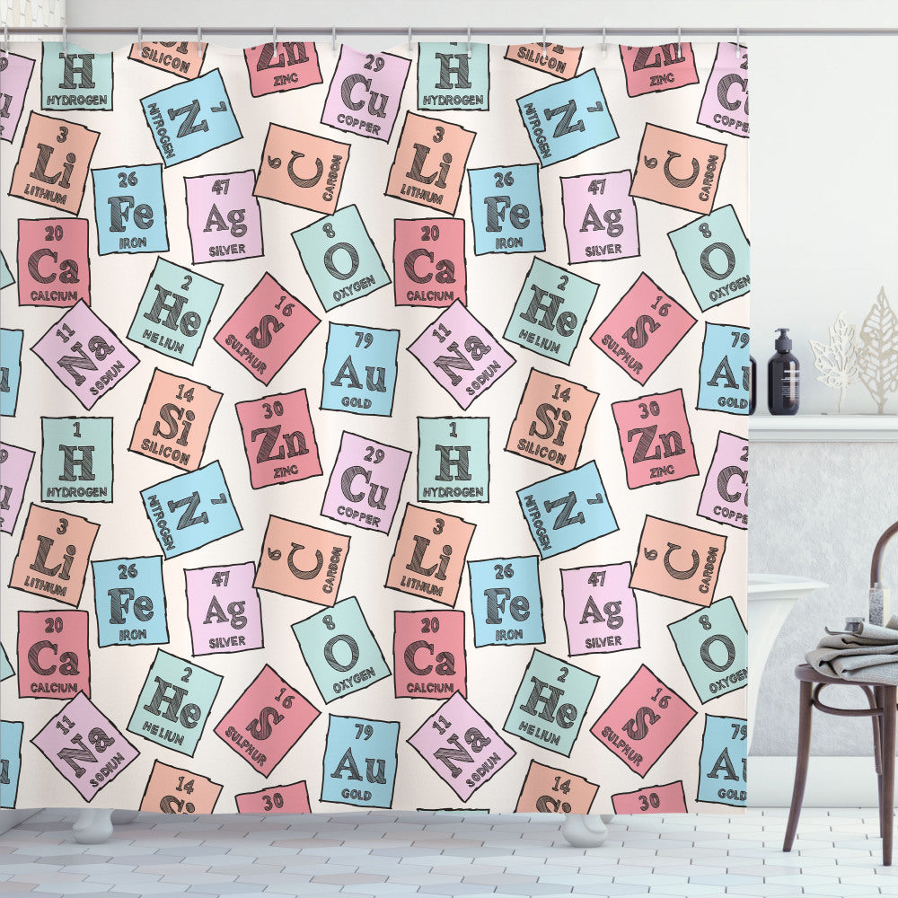 Vintage Cartoon Periodic Table Shower Curtain in Pale Pink, Green, and Blue