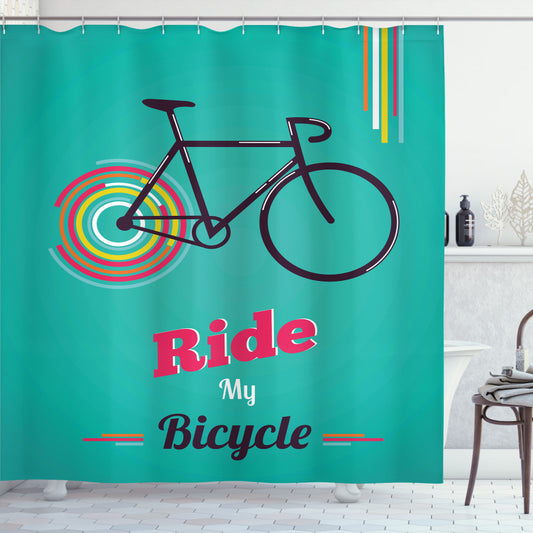 Vintage Retro Bicycle Design Shower Curtain in Hot Pink, Black, and Teal