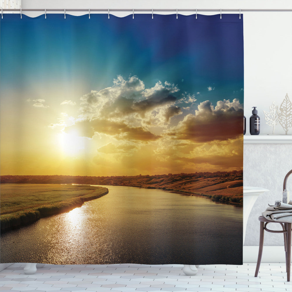 Cloudy Skies: Dreamy Sunset River Bath Curtain in Yellow and Blue