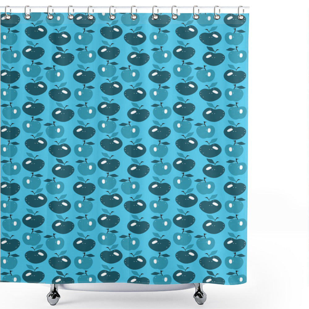 Blue-Hued Healthy Food Inspired Shower Curtain Featuring Apple, Dark Blue, White, and Blue Tones