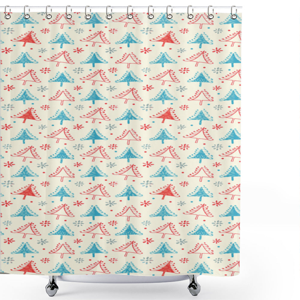 Christmas Tree Art Shower Curtain in Pale Blue, White, and Red