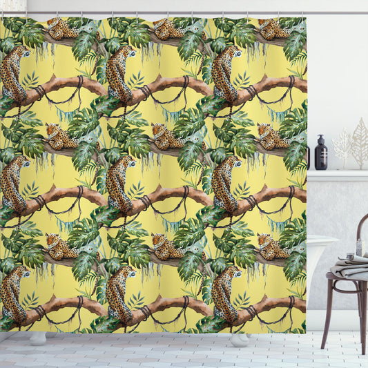 Watercolor Leopards in Jungle Shower Curtain in Yellow Green and Pale Yellow