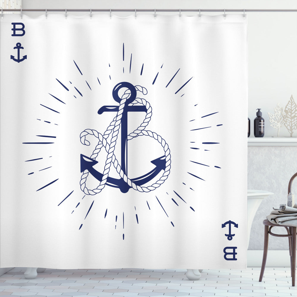 Vintage Nautical Tattoo Inspired Monochrome Sketch Shower Curtain in Indigo and White