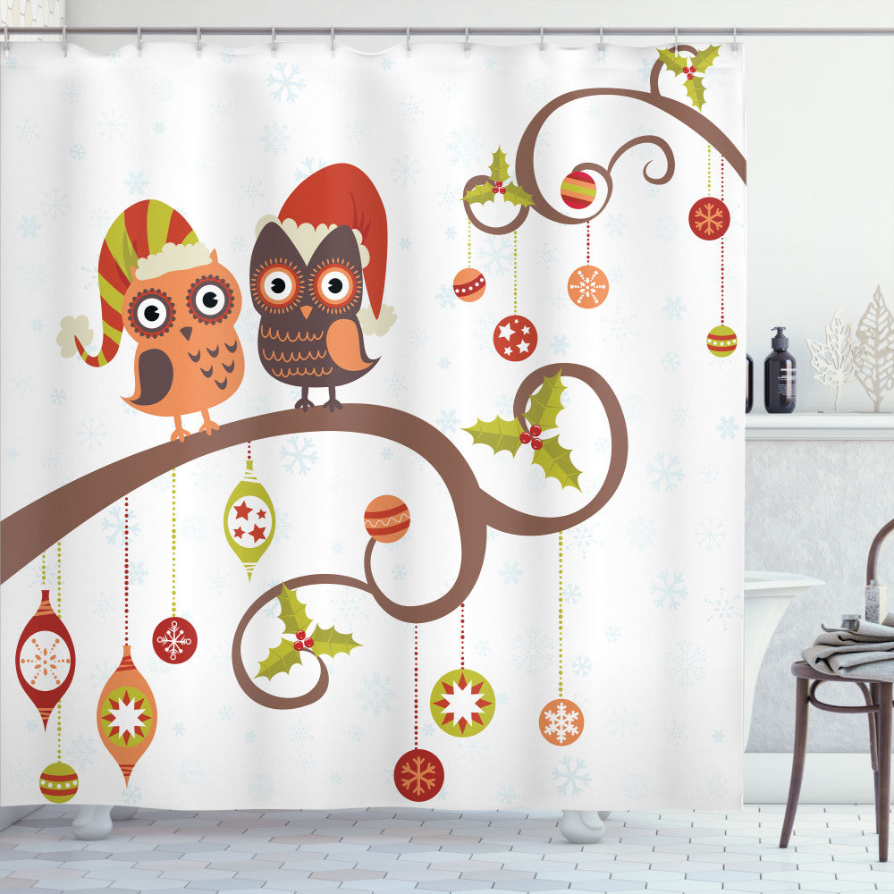 Christmas Multicolor Noel Owls Folkloric Shower Curtain