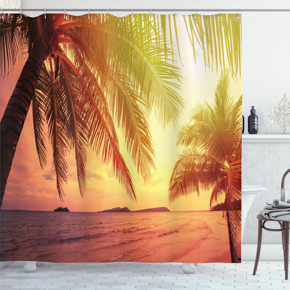 Tropical Palm Sunset Multicolor Beach Scene Shower Curtain