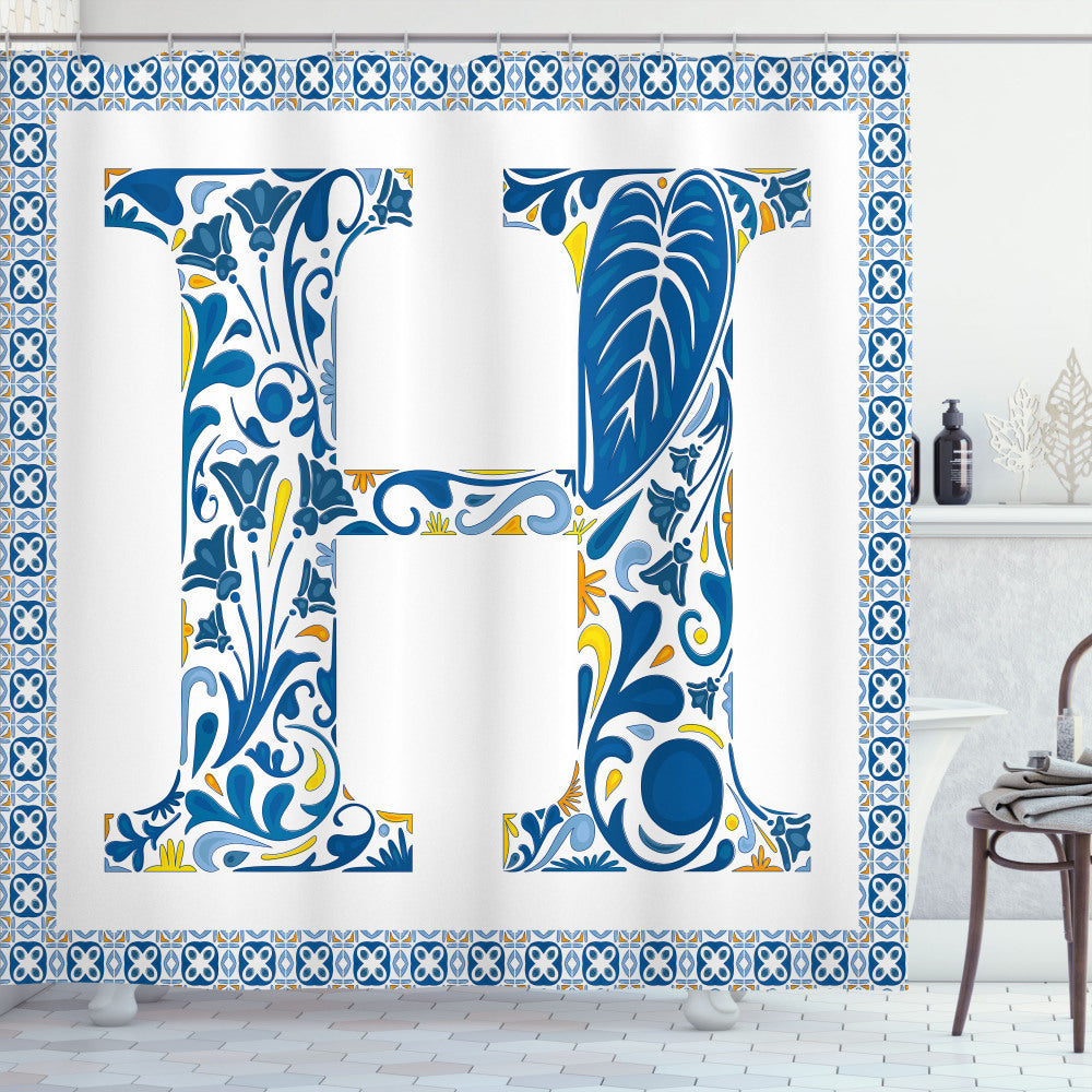 Vibrant Azulejo Frame Shower Curtain featuring Letter H in Orange, Yellow and Blue