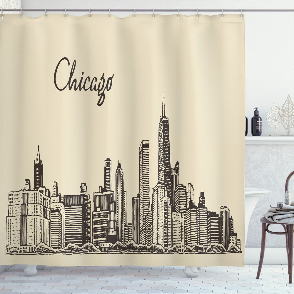 Vintage Urban Chicago Skyline Dark Brown and Beige Shower Curtain