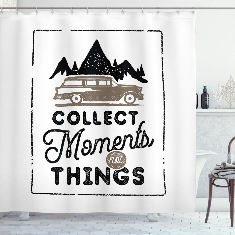 Capture Memories, Not Possessions: Camping-inspired Shower Curtain in Warm Taupe, Charcoal Grey, and White