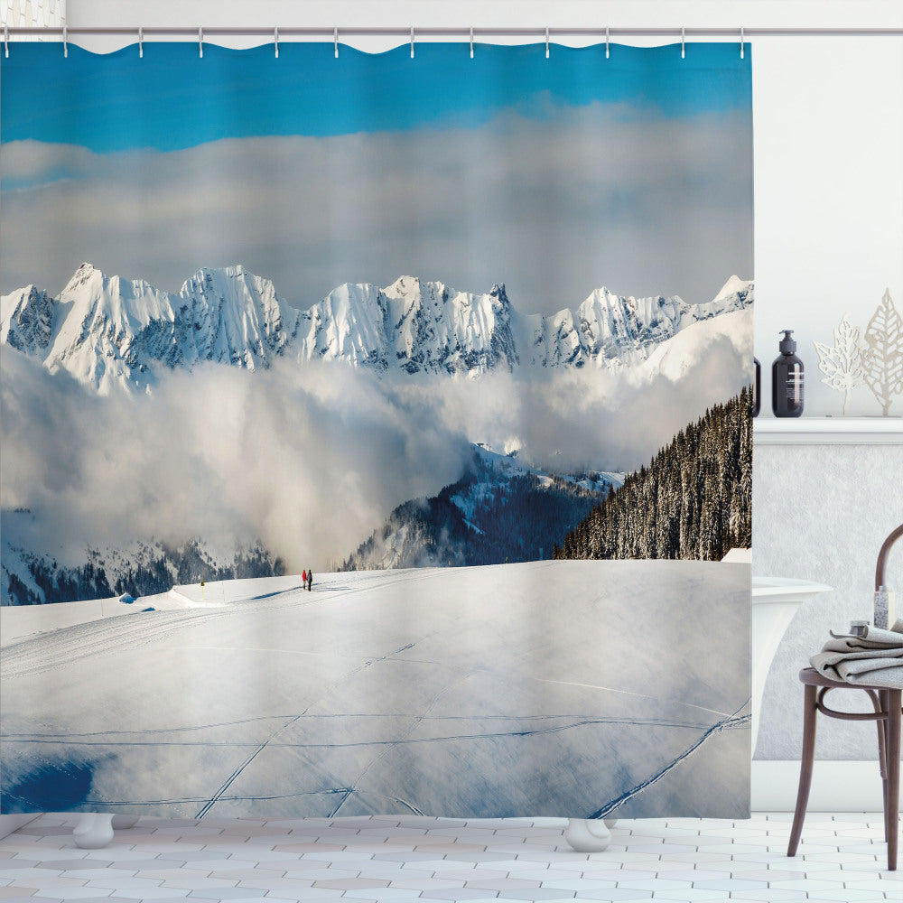 Winter Adventure: Panoramic Mountains Walk in White, Brown, and Blue - Shower Curtain