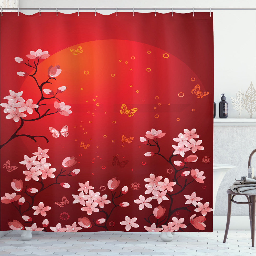 Vibrant Sunset and Sakura Fusion: Red, Orange, Coral Shower Curtain