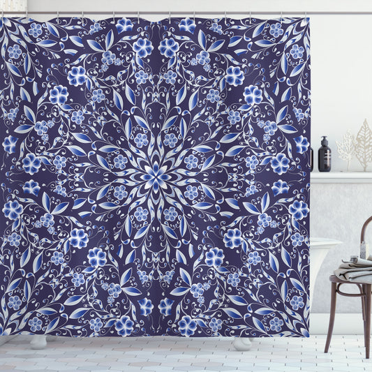 Chinese Style Floral Shower Curtain - Dark Blue, Royal Blue, and White Pattern