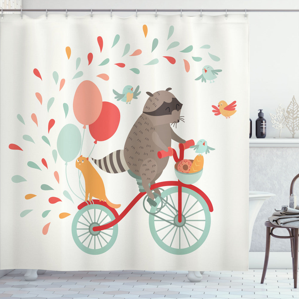 Animal-themed Multicolor Raccoon on Bicycle Shower Curtain