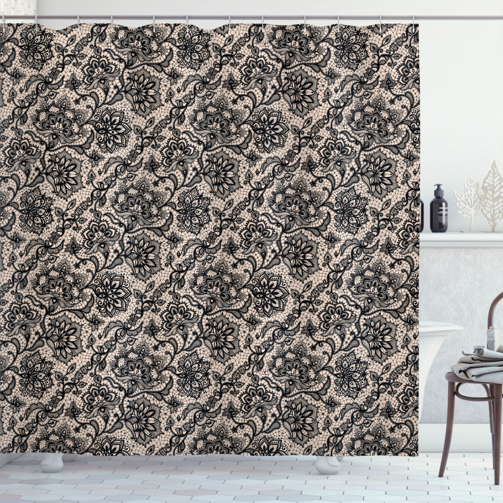 Black Gothic Floral Butterflies Lace Shower Curtain in Tan