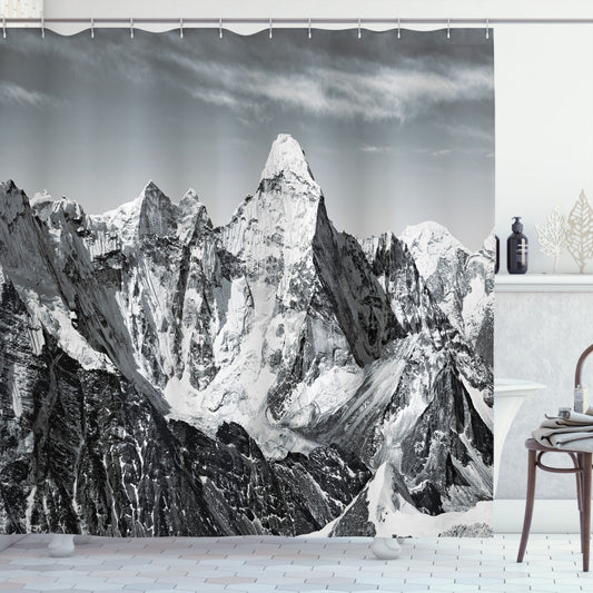 Black, White, and Grey Mountain Peaks Waterproof Shower Curtain