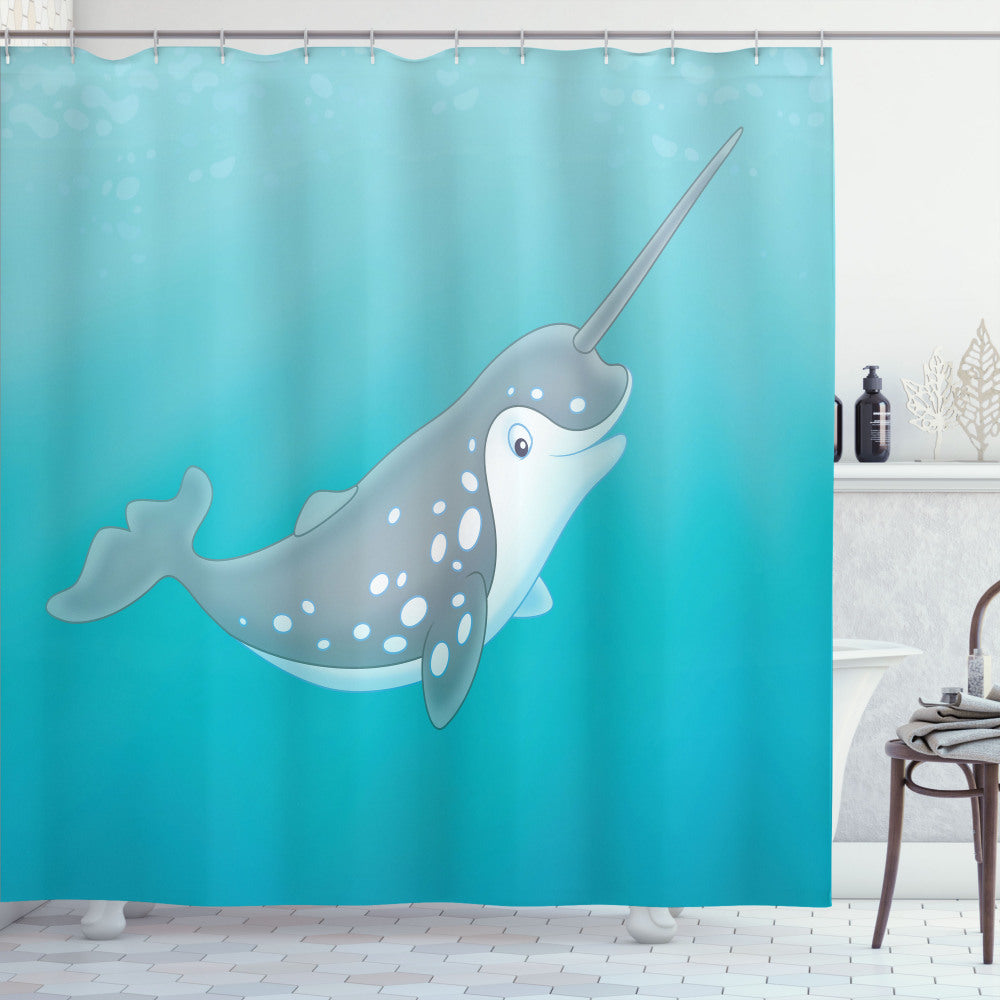 Cartoon Narwhal Drawing on a Seafoam and White Background - Shower Curtain Design