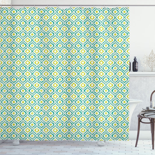 Vibrant Ikat Ogee Motif Yellow Green and Mint Green Shower Curtain