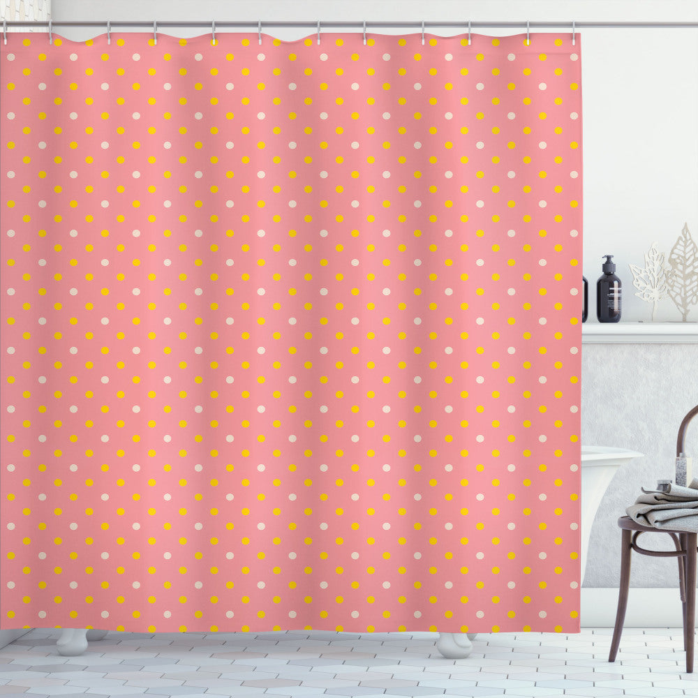 Abstract Bicolour Polka Dot Graphic Shower Curtain in Champagne, Earth Yellow, and Pastel Pink