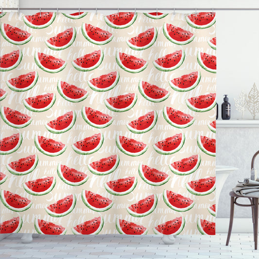 Watercolor Watermelon Fruits Shower Curtain in Jade Green, Cream, and Red