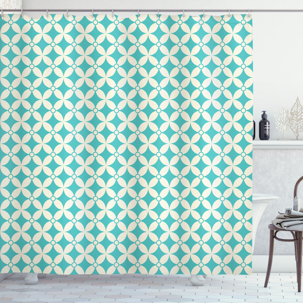 Turquoise, Cream and Diamond-Circle Fusion Shower Curtain