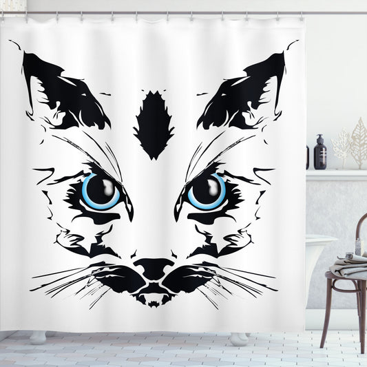 Animal Inspired Sky Blue, White, and Black Big Cat Face Pet Sketch Shower Curtain