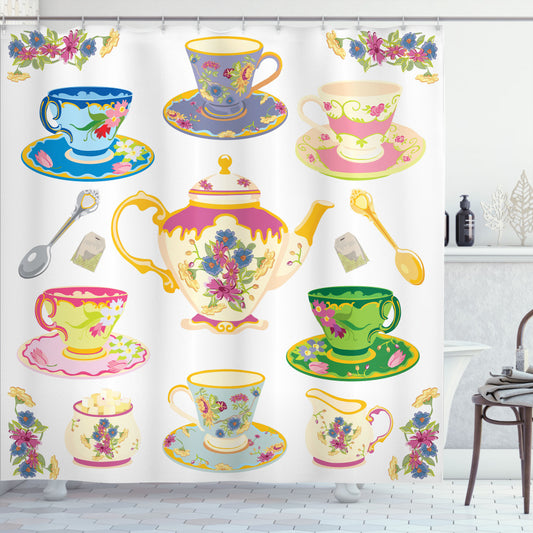 Vibrant Teacups Sweets: Multicolor Tea Party Bath Curtain