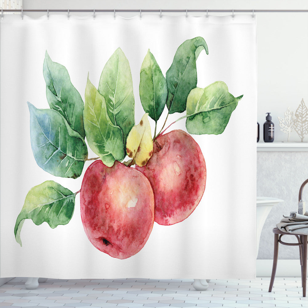 Apple Green Leaves and Fruits: Dark Coral, White, and Green Shower Curtain