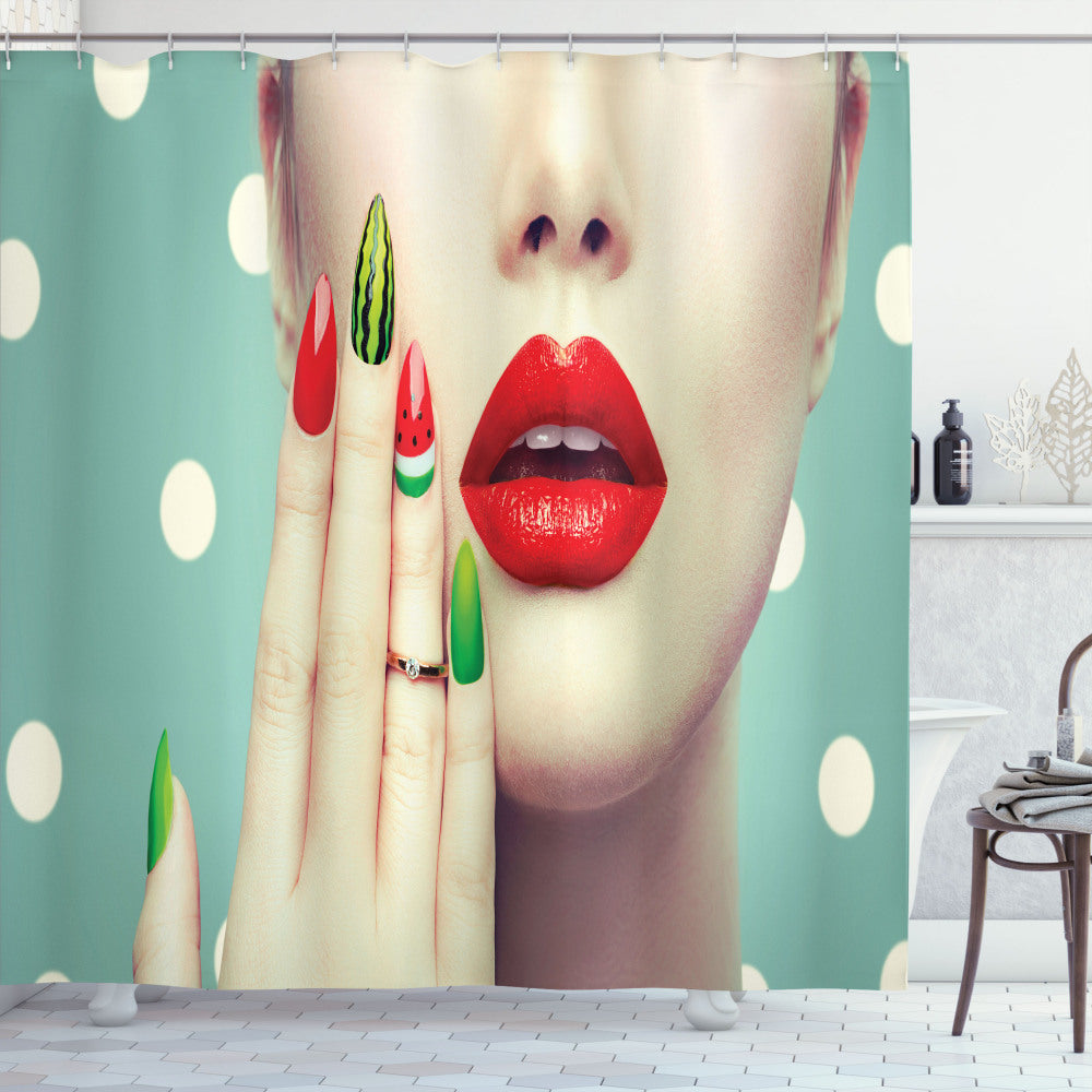 Watermelon-Inspired Nail Art and Makeup: Lips, Multicolor, and Shower Curtain