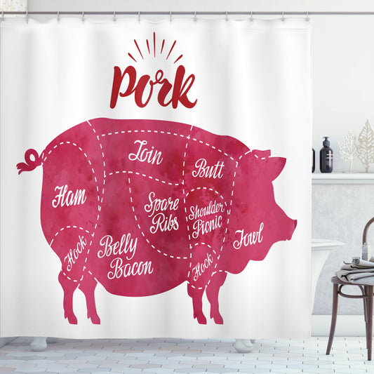 Bacon-Inspired Pig Meat Diagram for Shower Curtain in Magenta, White, and Red