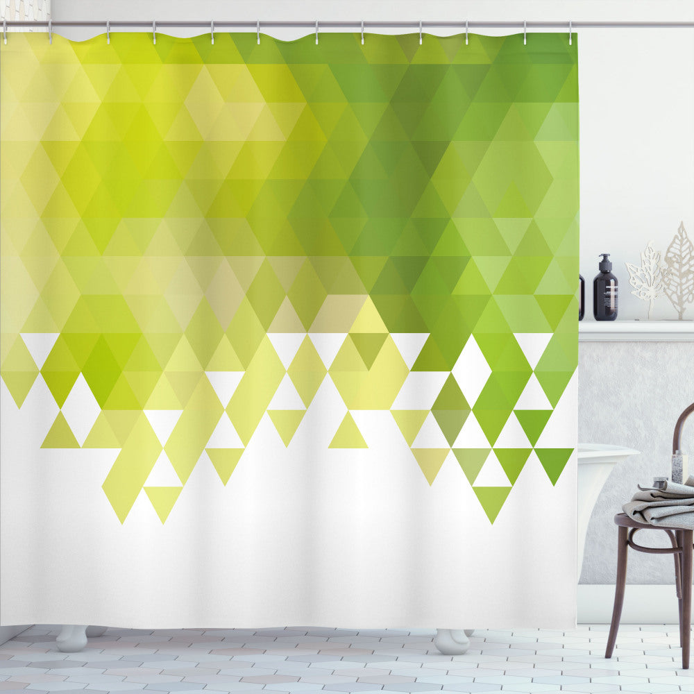 Abstract Triangular Pattern in Shades of Green, Yellow Green, Lime Green, and White: Shower Curtain