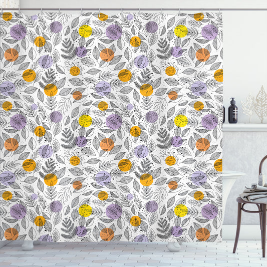 Botanical-inspired Bath Curtain featuring Round Blots and Leaves in Pale Orange, Lavender, Charcoal Grey, and Yellow