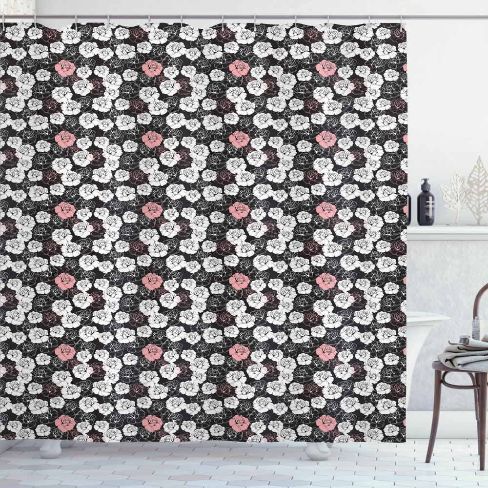 Vintage White Pink Roses Shower Curtain in Dark Brown Pattern