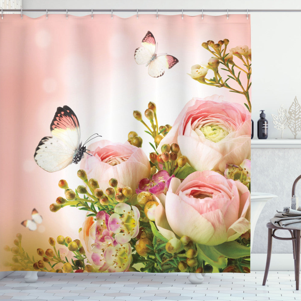 Blossoming Feminine Roses Butterfly Multicolor Grey Pale Grey White Fabric Shower Curtain