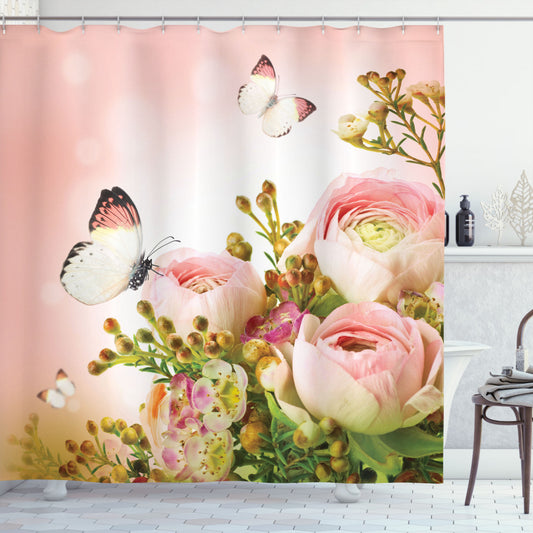 Blossoming Feminine Roses Butterfly Multicolor Grey Pale Grey White Fabric Shower Curtain