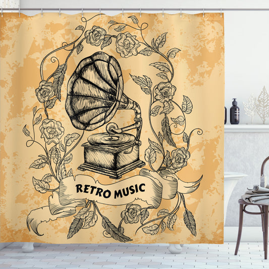 Vintage-inspired Gramophone Rose Petals Shower Curtain in Orange and Black color palette