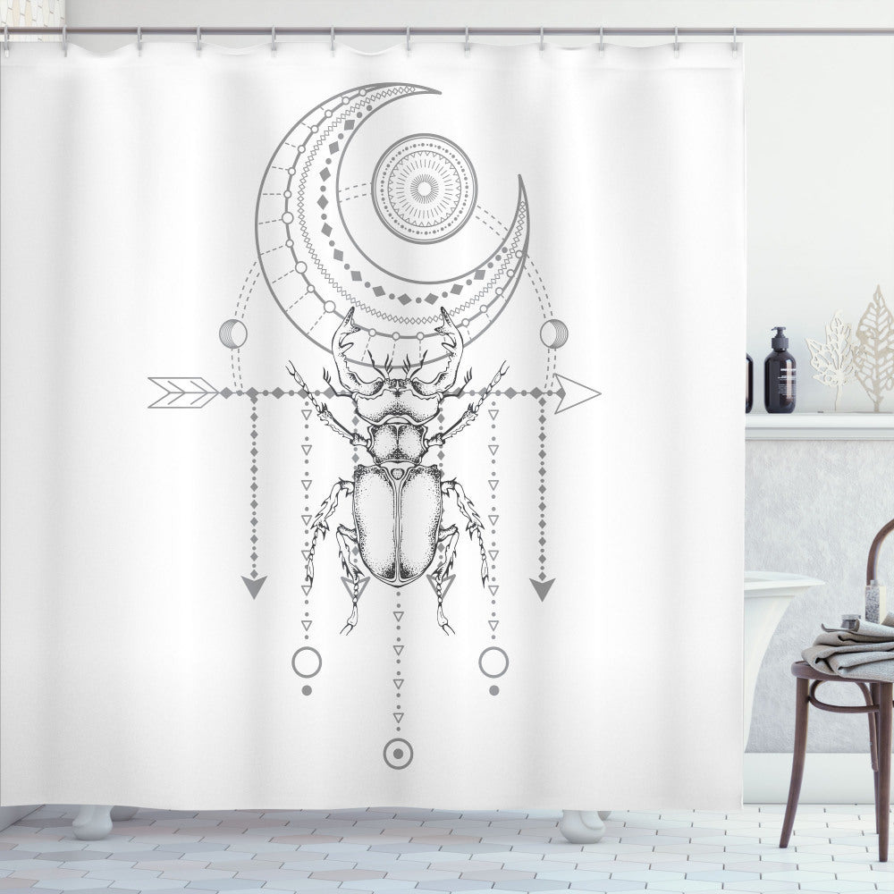 Beetle Art Bath Curtain in Moon Rays, Charcoal Grey, Pale Grey, and White