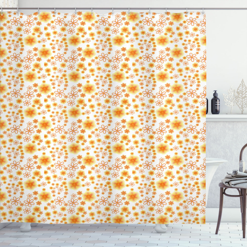 Vibrant Floral Summer Pattern for Shower Curtain in Vermilion, Yellow, and White