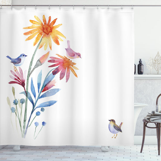 Watercolor Flower Brush Design in Slate Blue, Lavender, and Amber for Shower Curtain