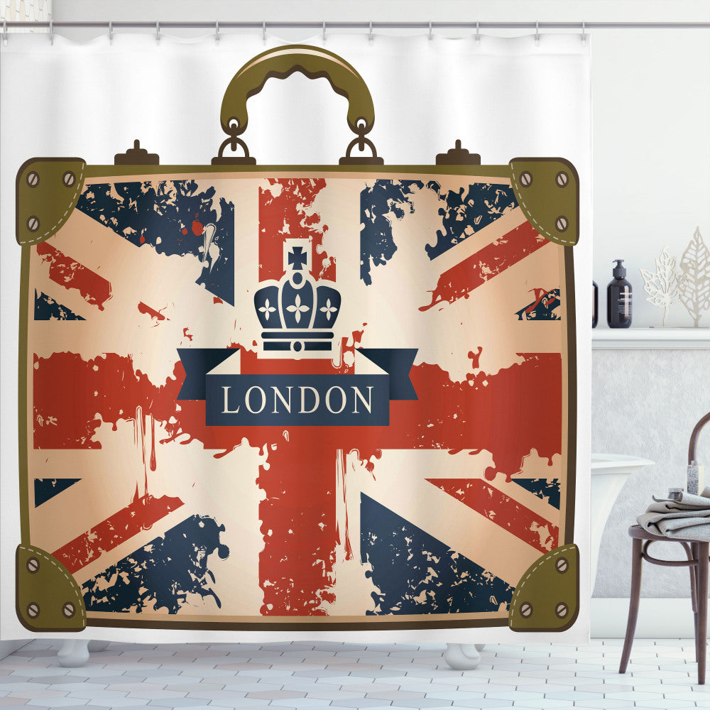 Vintage Suitcase Inspired Union Jack Shower Curtain in Dark Blue, Brown, and Red