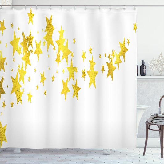 Yellow and White Modern Star Patterned Shower Curtain