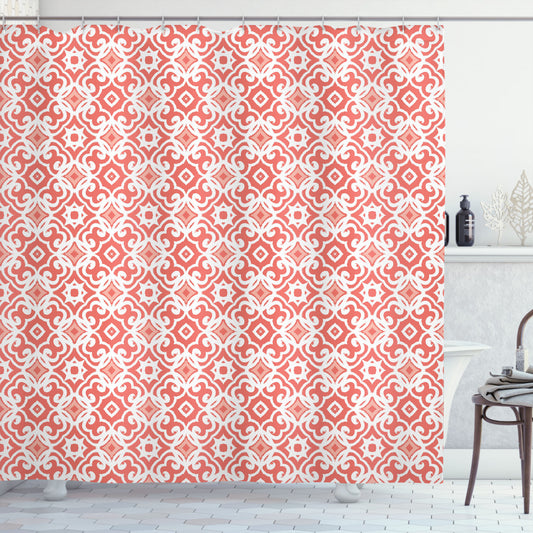 Vintage Art Deco Pattern Coral, Pale Coral, and White Shower Curtain - Keywords Optimization