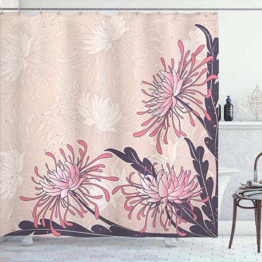 Art Nouveau Inspired Chrysanthemum Bloom Shower Curtain in Pale Pink, Eggplant, and Beige