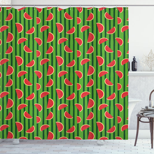 Vertical Stripe Pattern Shower Curtain in Melon, Fern Green, Hunter Green, Dark Coral, and Pale Green